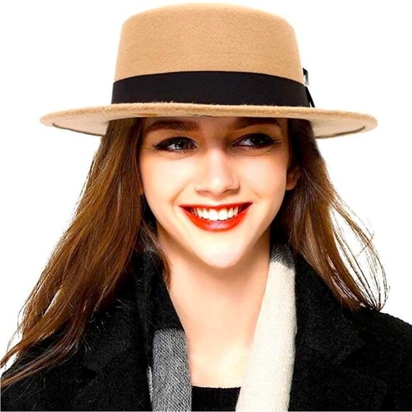 Trendy Round Flat Top Crown Stiff Brim Black Buckle Band Camel Tan Hat NEW - Picture 2 of 4